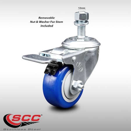 Service Caster 3.5 Inch SS Blue Polyurethane 12mm Threaded Stem Caster Total Lock Brake SCC-SSTSTTL20S3514-PPUB-BLUE-M1215